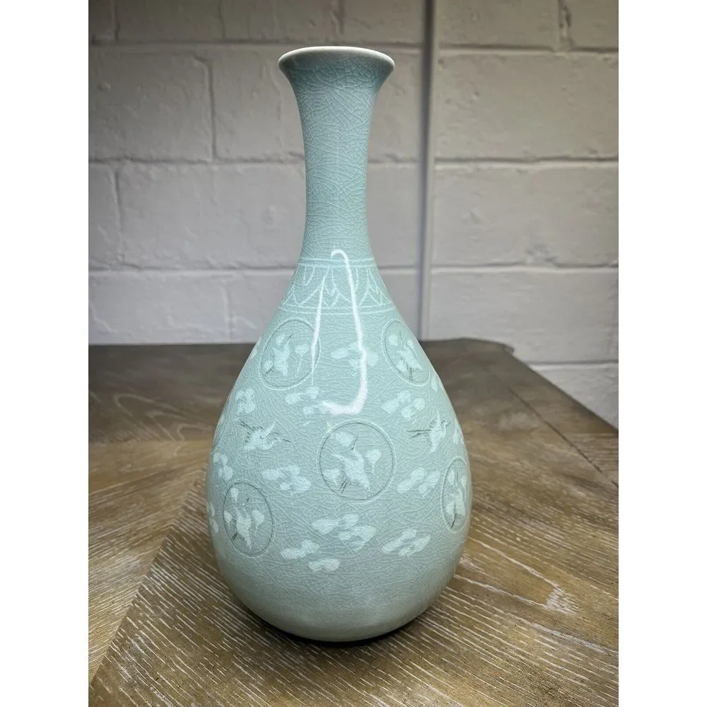 Korean Celadon Bottle Yuhuchun Vase Crane Clouds Signed‎ 12.5